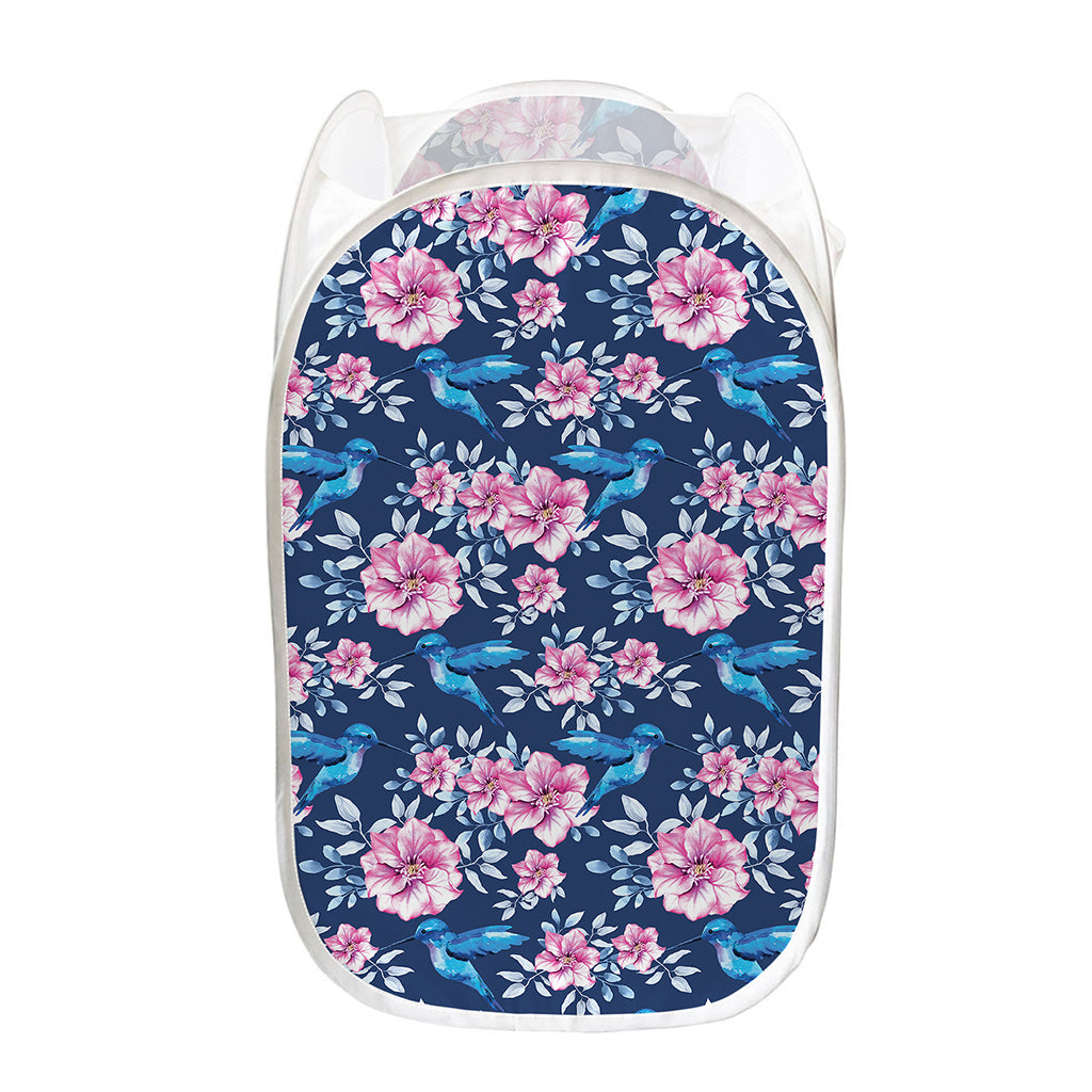 Pink Flowers And Hummingbird Print Mesh Laundry Hamper