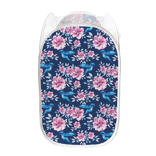 Pink Flowers And Hummingbird Print Mesh Laundry Hamper
