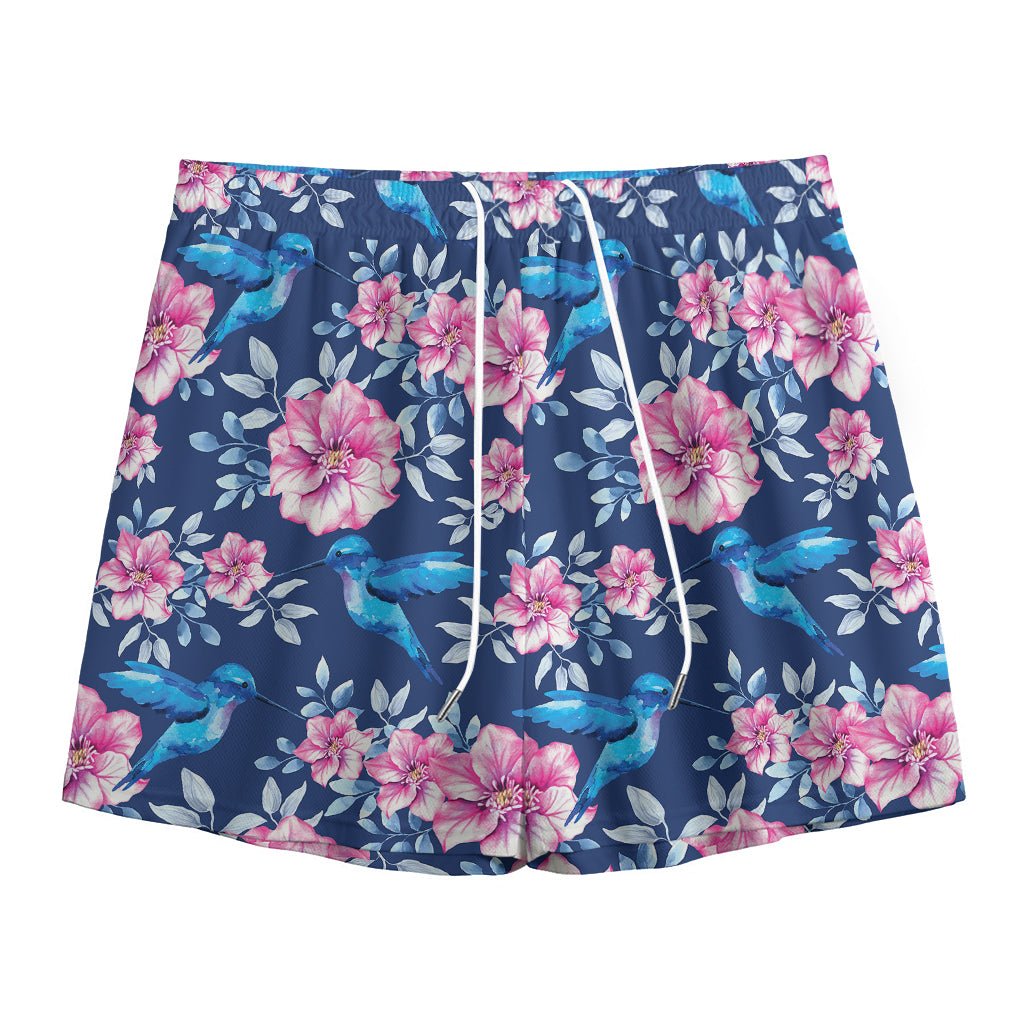 Pink Flowers And Hummingbird Print Mesh Shorts