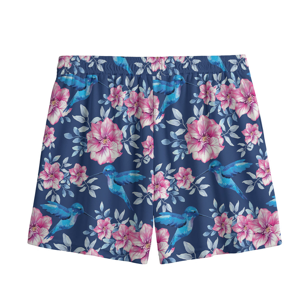 Pink Flowers And Hummingbird Print Mesh Shorts