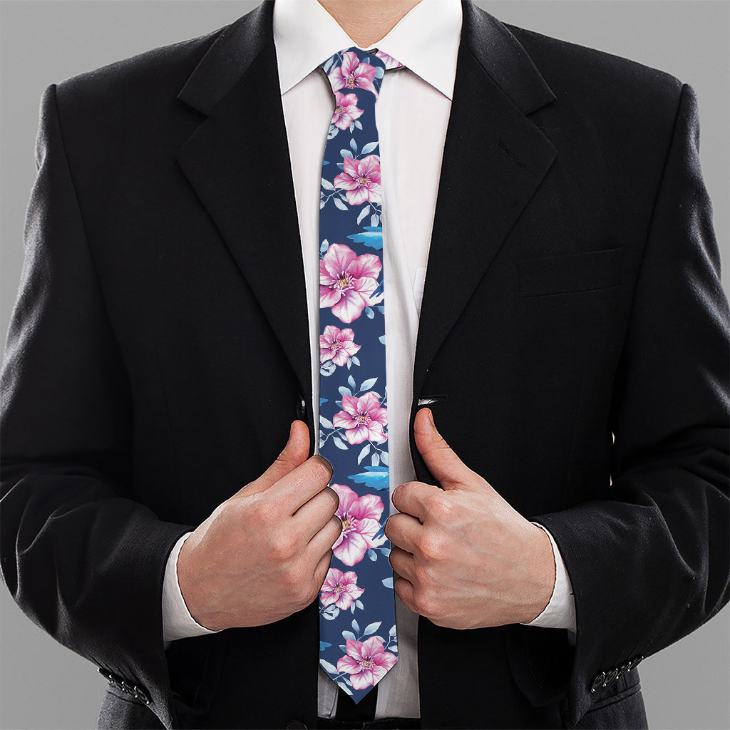 Pink Flowers And Hummingbird Print Necktie