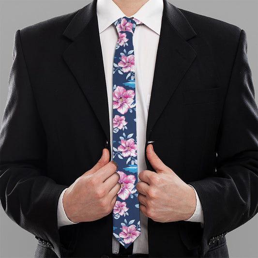 Pink Flowers And Hummingbird Print Necktie