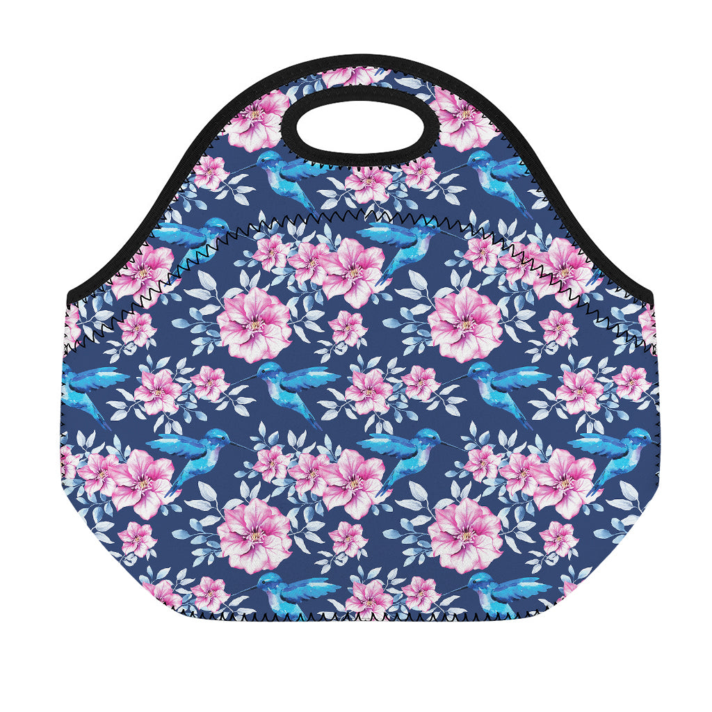 Pink Flowers And Hummingbird Print Neoprene Lunch Bag