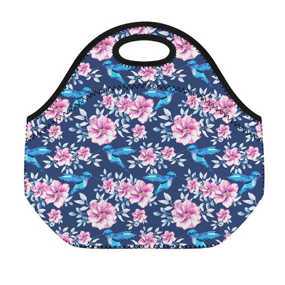 Pink Flowers And Hummingbird Print Neoprene Lunch Bag