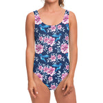 Pink Flowers And Hummingbird Print One Piece Swimsuit