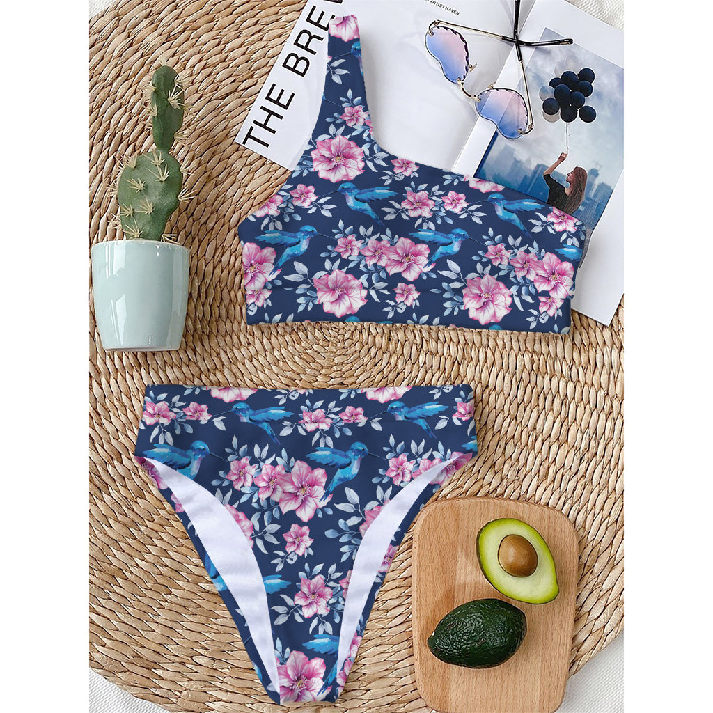 Pink Flowers And Hummingbird Print One Shoulder Bikini Top
