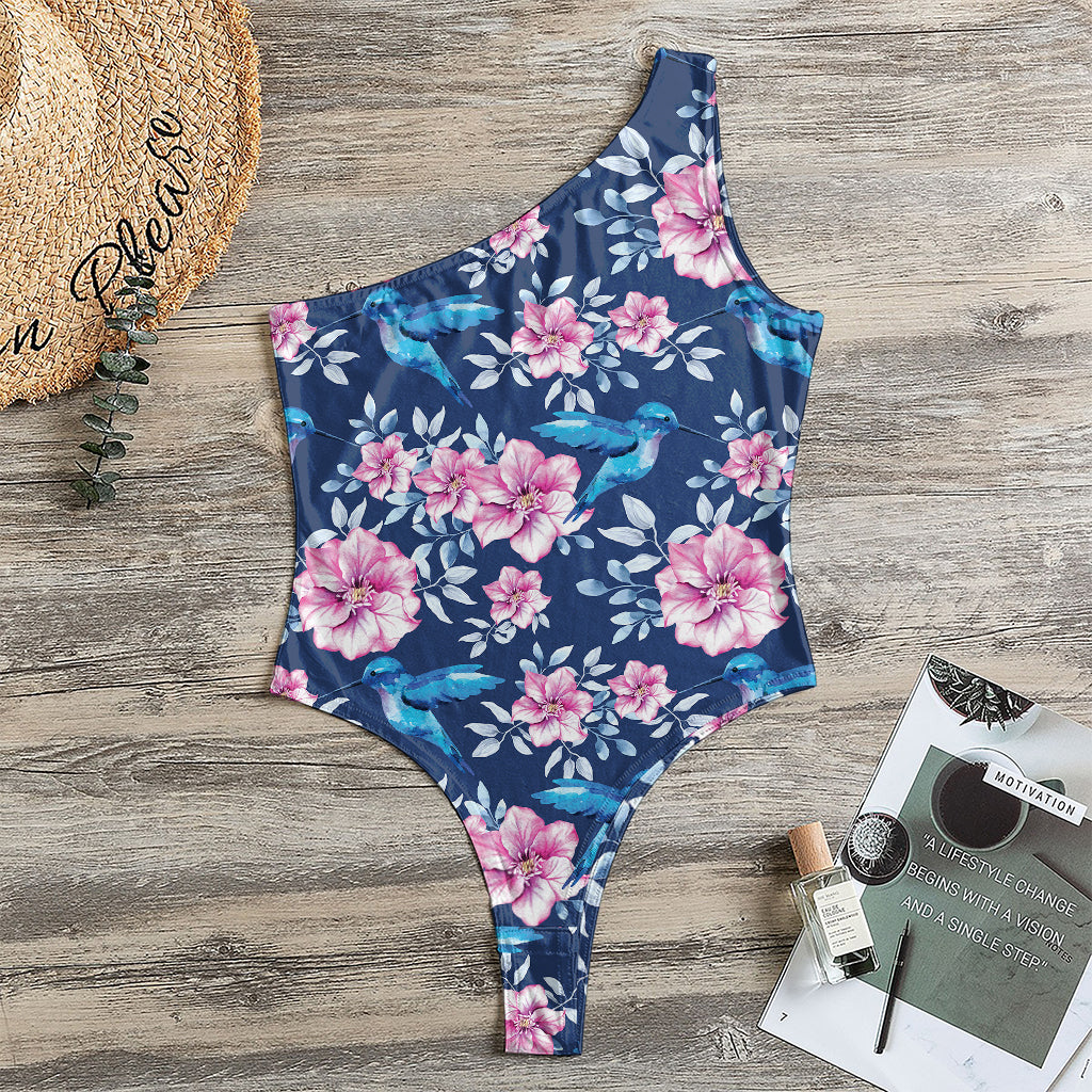 Pink Flowers And Hummingbird Print One Shoulder Bodysuit