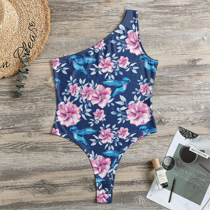 Pink Flowers And Hummingbird Print One Shoulder Bodysuit