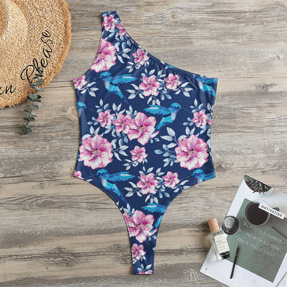 Pink Flowers And Hummingbird Print One Shoulder Bodysuit