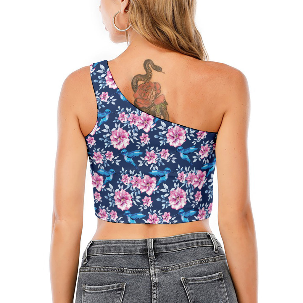 Pink Flowers And Hummingbird Print One Shoulder Crop Top