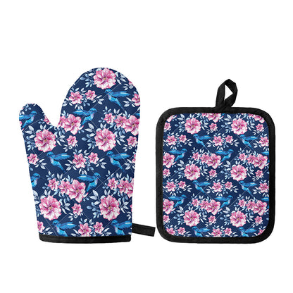 Pink Flowers And Hummingbird Print Oven Mitt And Pot Holder Set