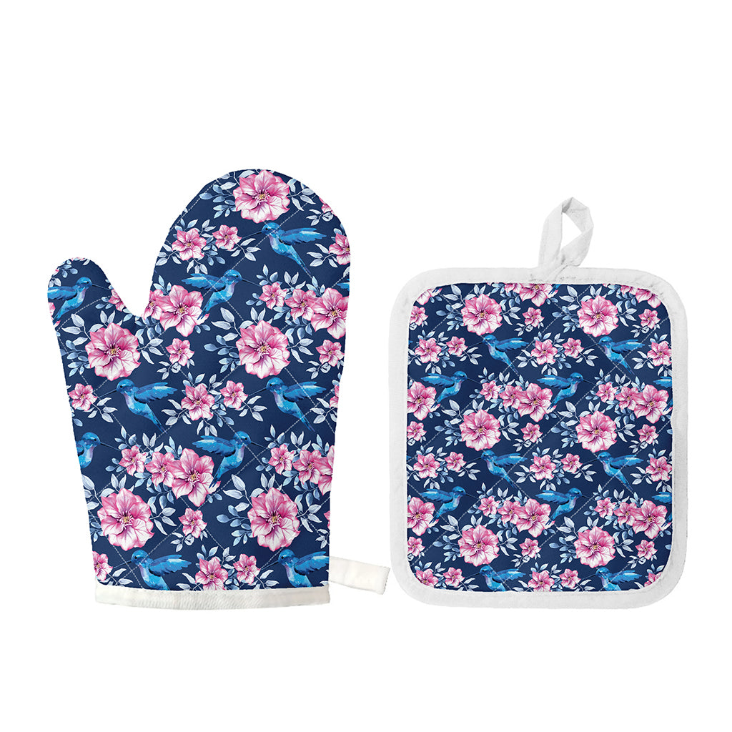 Pink Flowers And Hummingbird Print Oven Mitt And Pot Holder Set