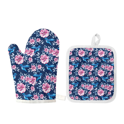 Pink Flowers And Hummingbird Print Oven Mitt And Pot Holder Set