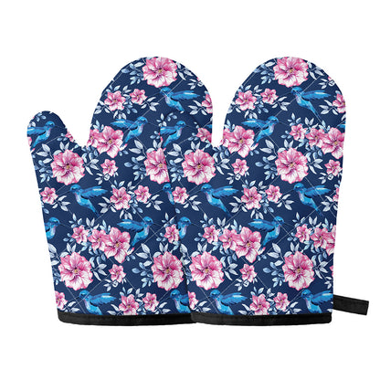 Pink Flowers And Hummingbird Print Oven Mitts