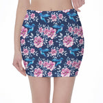 Pink Flowers And Hummingbird Print Pencil Mini Skirt