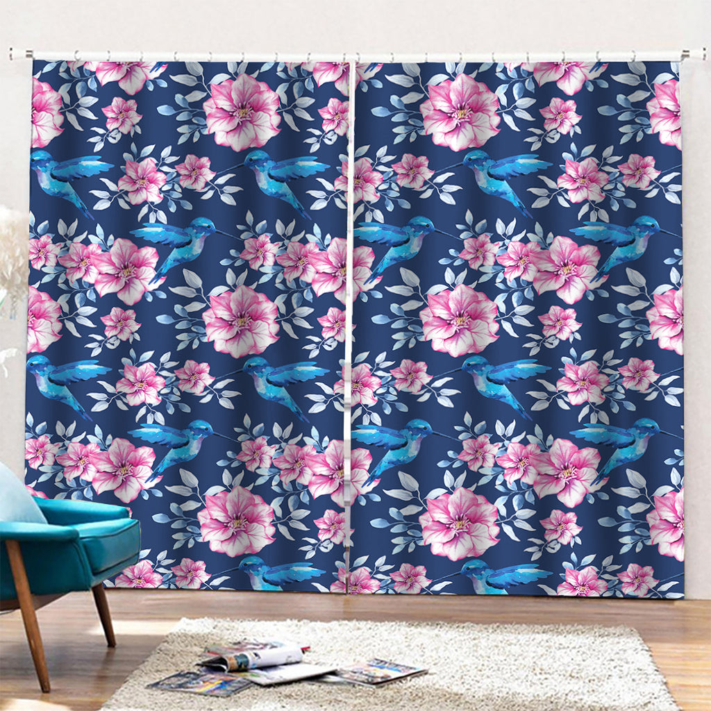 Pink Flowers And Hummingbird Print Pencil Pleat Curtains