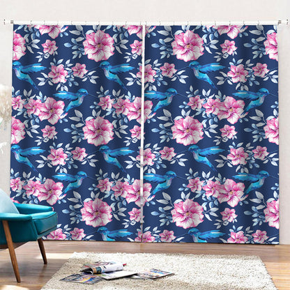 Pink Flowers And Hummingbird Print Pencil Pleat Curtains
