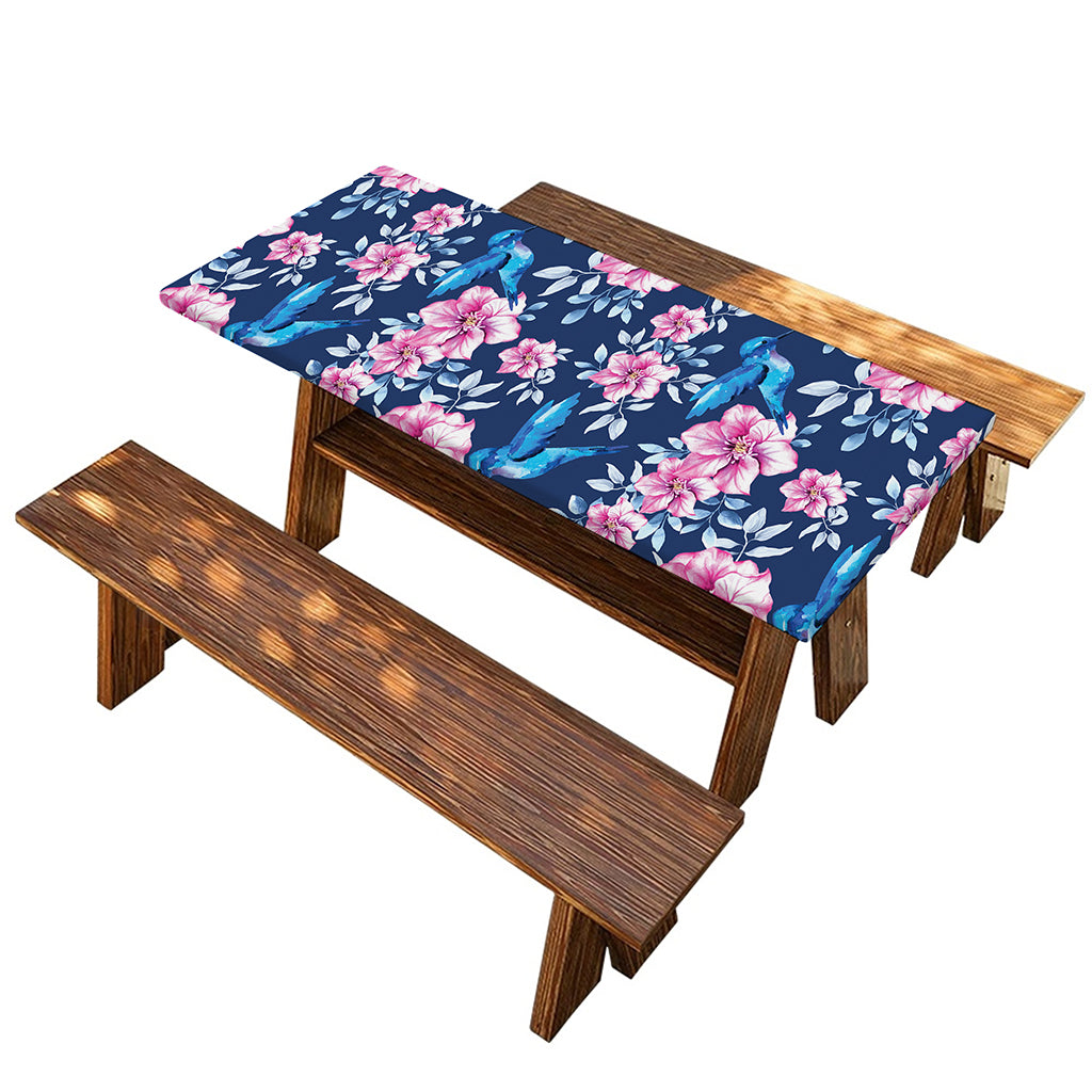 Pink Flowers And Hummingbird Print Picnic Table Cover