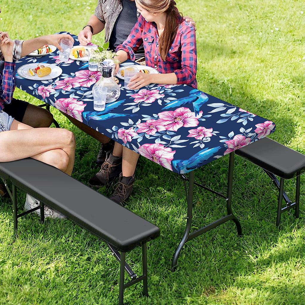 Pink Flowers And Hummingbird Print Picnic Table Cover