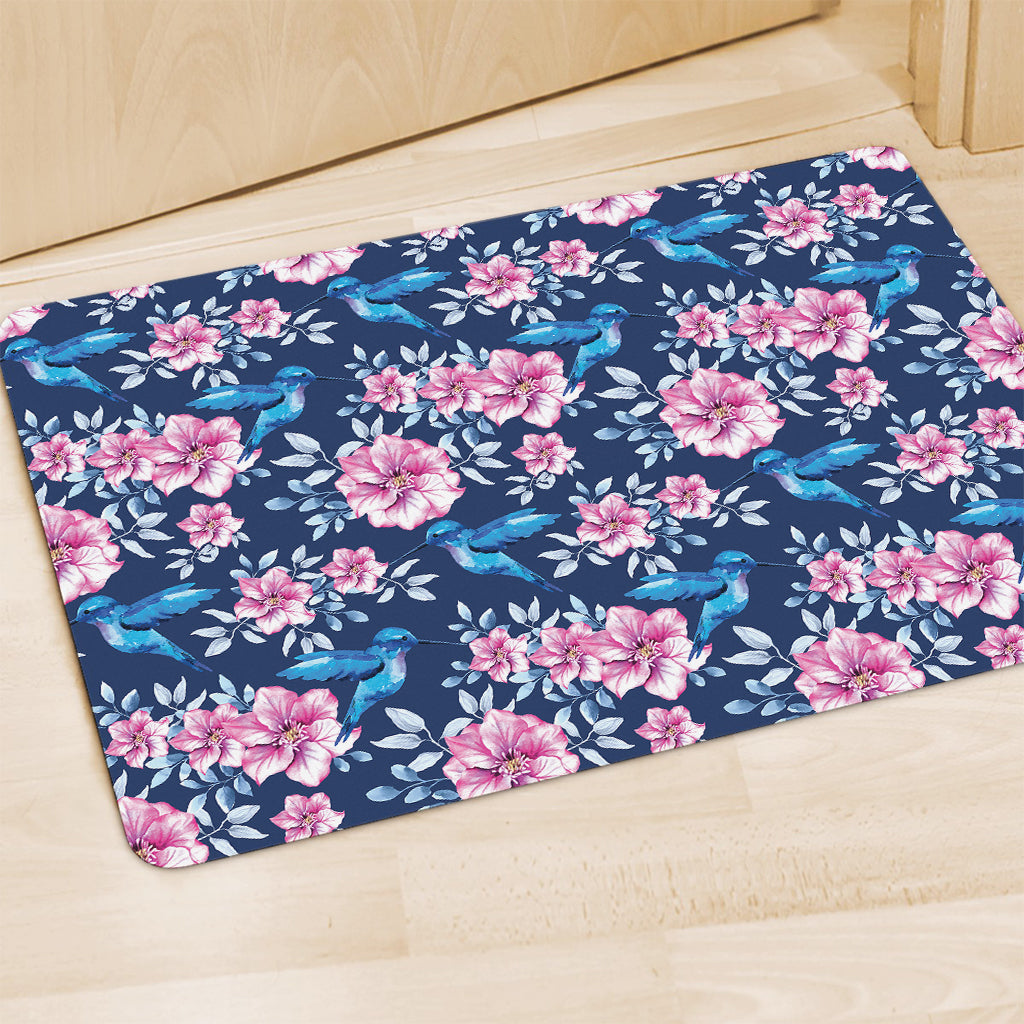 Pink Flowers And Hummingbird Print Polyester Doormat