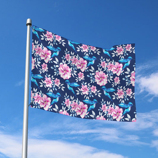 Pink Flowers And Hummingbird Print Polyester Flag