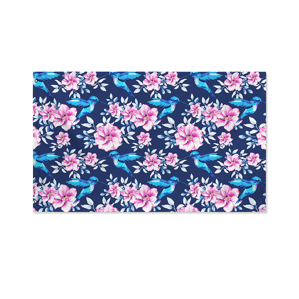 Pink Flowers And Hummingbird Print Polyester Flag