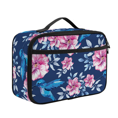 Pink Flowers And Hummingbird Print Portable Lunch Bag