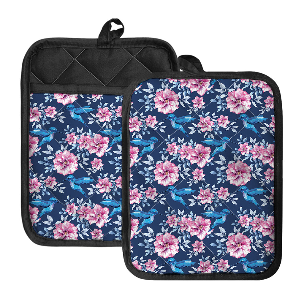 Pink Flowers And Hummingbird Print Pot Holders With Pocket