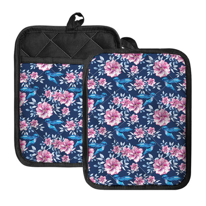 Pink Flowers And Hummingbird Print Pot Holders With Pocket