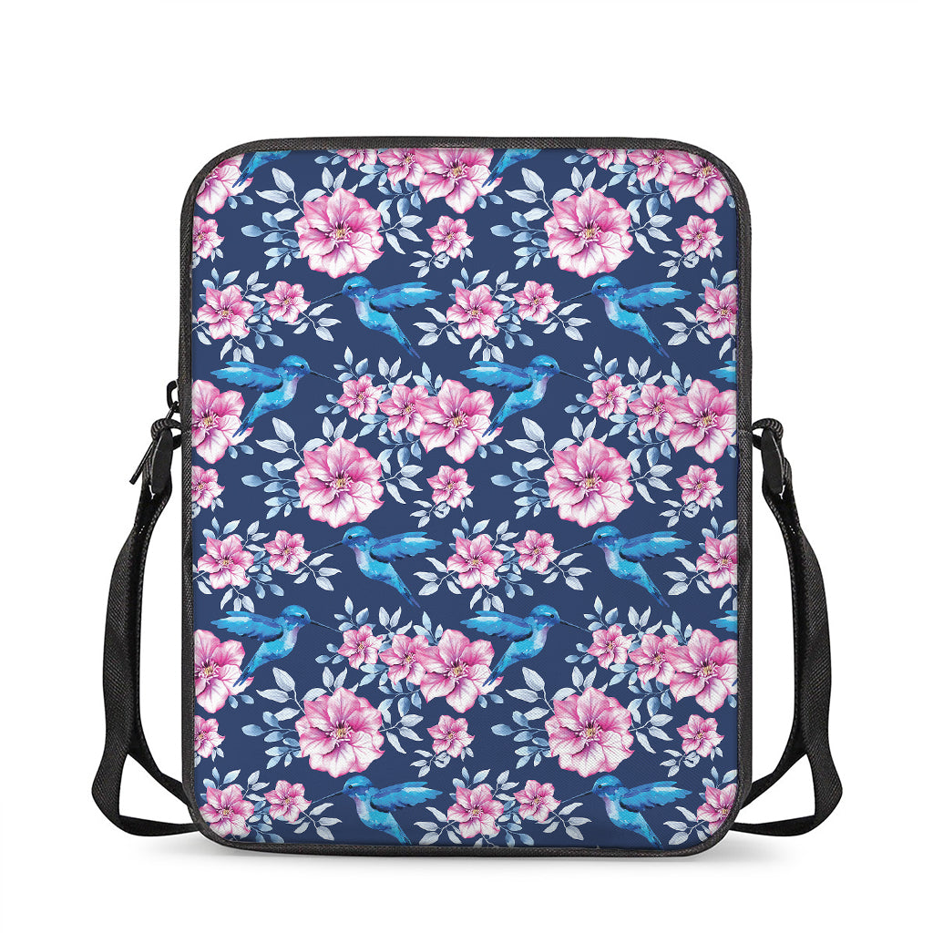 Pink Flowers And Hummingbird Print Rectangular Crossbody Bag