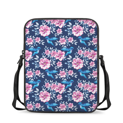 Pink Flowers And Hummingbird Print Rectangular Crossbody Bag