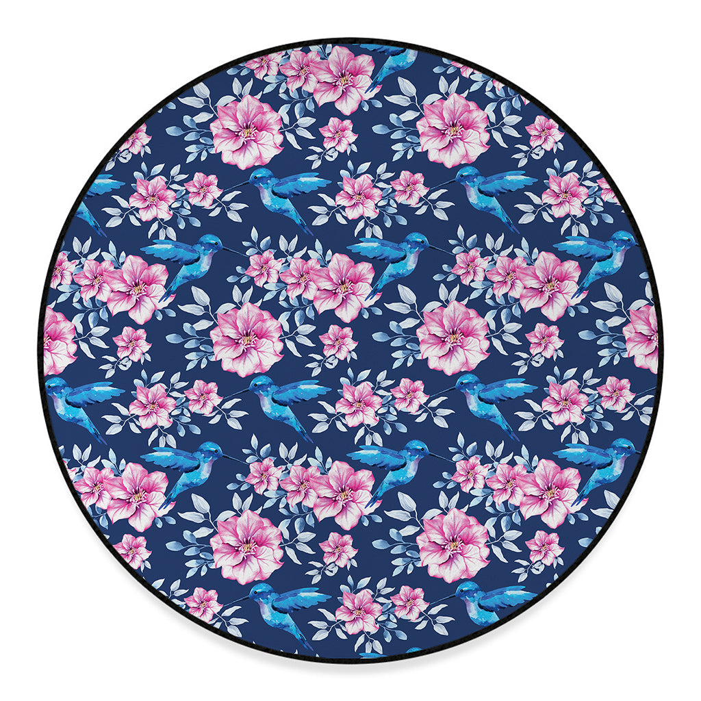 Pink Flowers And Hummingbird Print Round Floor Mat