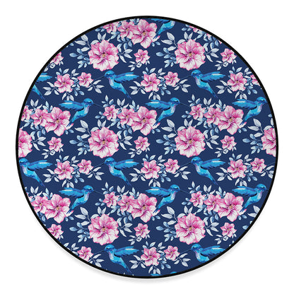 Pink Flowers And Hummingbird Print Round Floor Mat