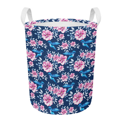 Pink Flowers And Hummingbird Print Round Laundry Basket