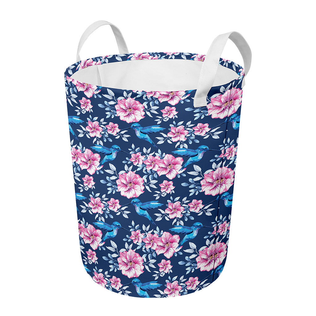 Pink Flowers And Hummingbird Print Round Laundry Basket