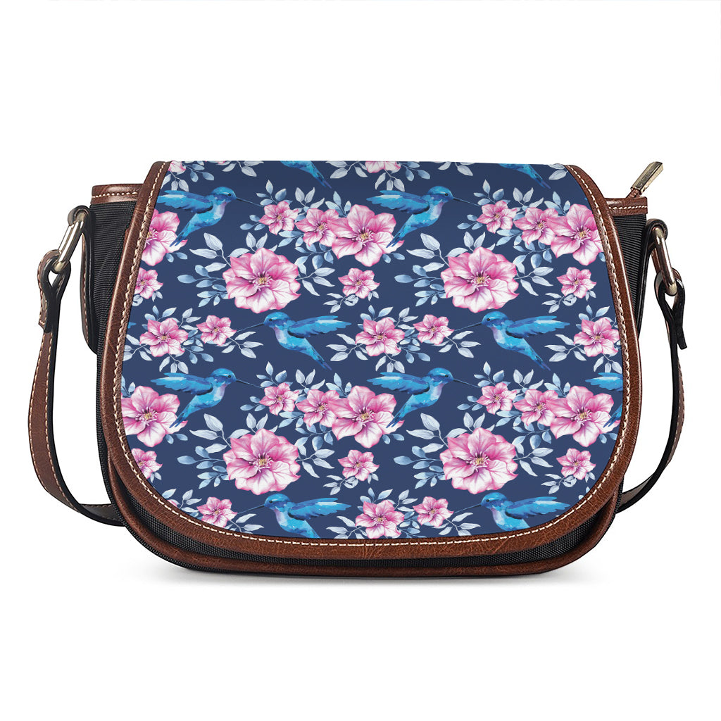 Pink Flowers And Hummingbird Print Saddle Bag