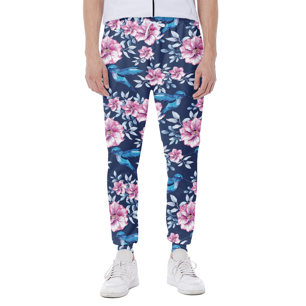 Pink Flowers And Hummingbird Print Scuba Joggers