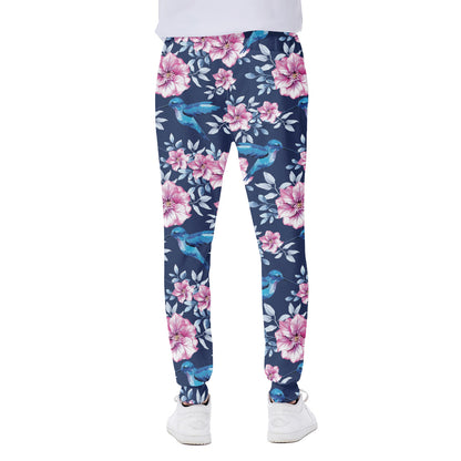 Pink Flowers And Hummingbird Print Scuba Joggers