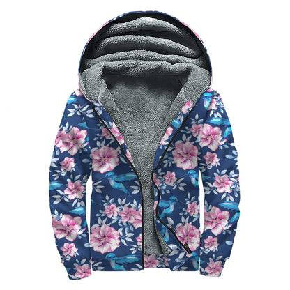 Pink Flowers And Hummingbird Print Sherpa Lined Zip Up Hoodie