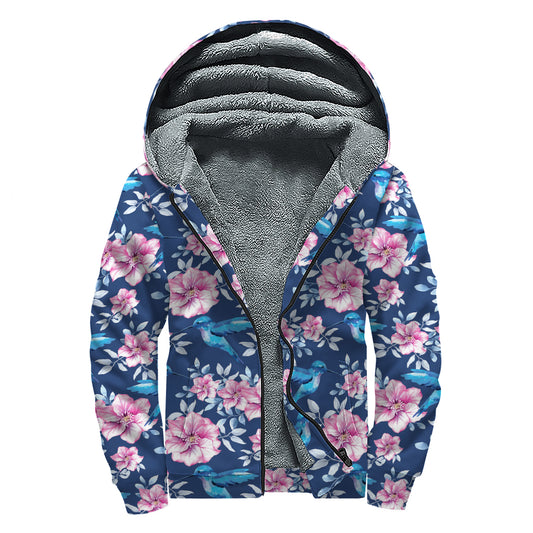 Pink Flowers And Hummingbird Print Sherpa Lined Zip Up Hoodie