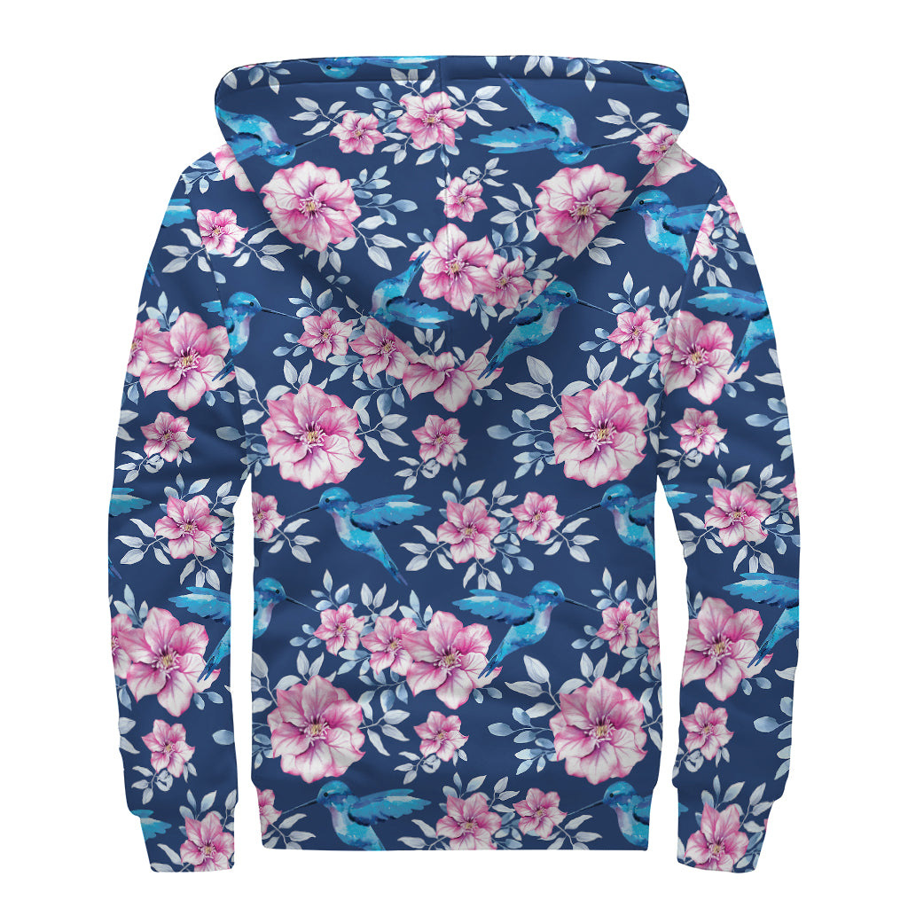 Pink Flowers And Hummingbird Print Sherpa Lined Zip Up Hoodie