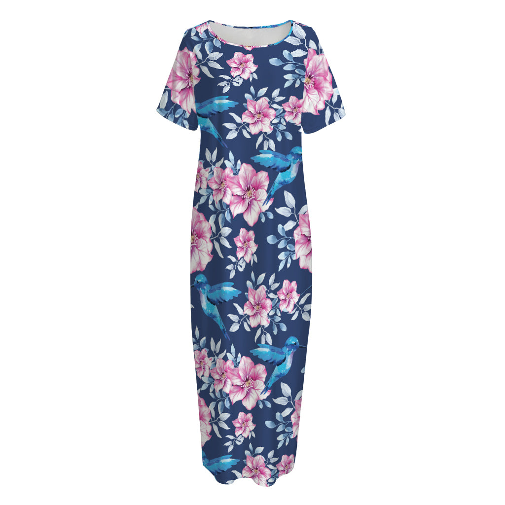 Pink Flowers And Hummingbird Print Short Sleeve Long Nightdress