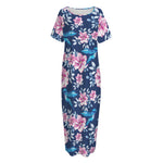 Pink Flowers And Hummingbird Print Short Sleeve Long Nightdress