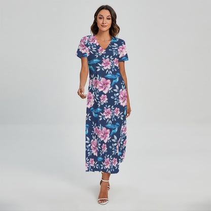 Pink Flowers And Hummingbird Print Short Sleeve Maxi Dress
