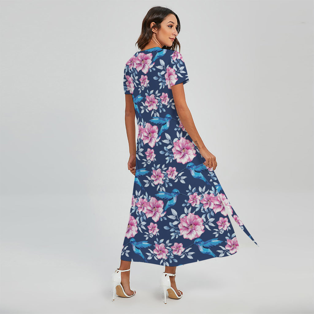 Pink Flowers And Hummingbird Print Short Sleeve Maxi Dress