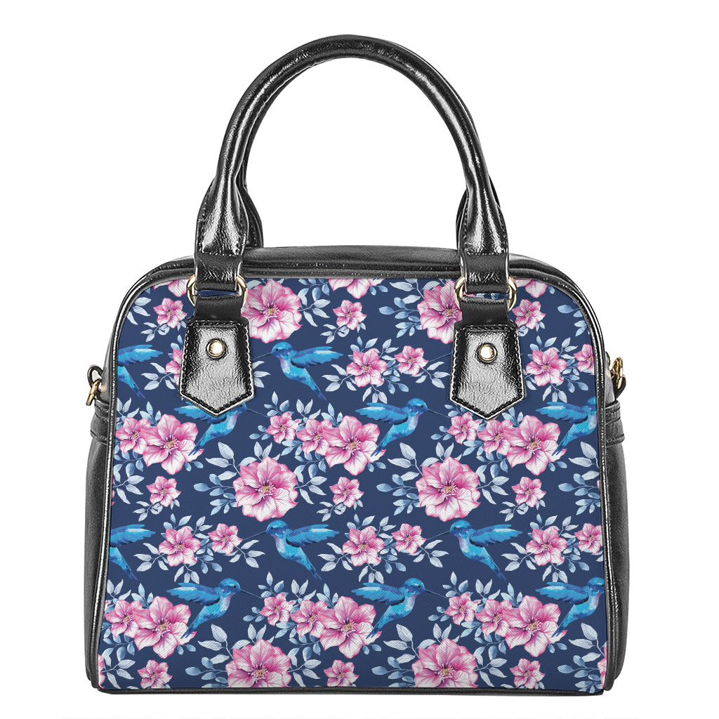Pink Flowers And Hummingbird Print Shoulder Handbag