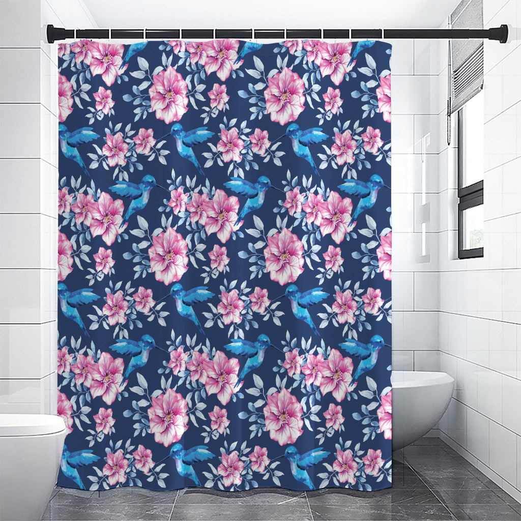 Pink Flowers And Hummingbird Print Shower Curtain