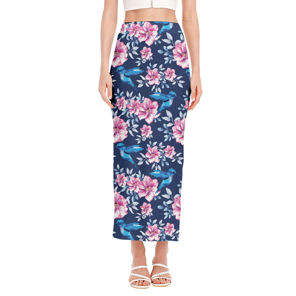 Pink Flowers And Hummingbird Print Side Slit Maxi Skirt
