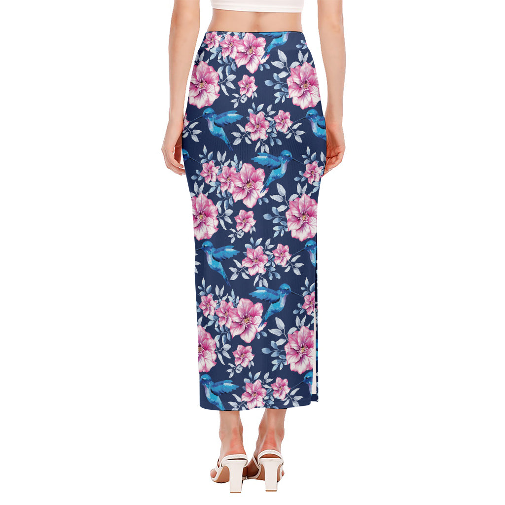 Pink Flowers And Hummingbird Print Side Slit Maxi Skirt
