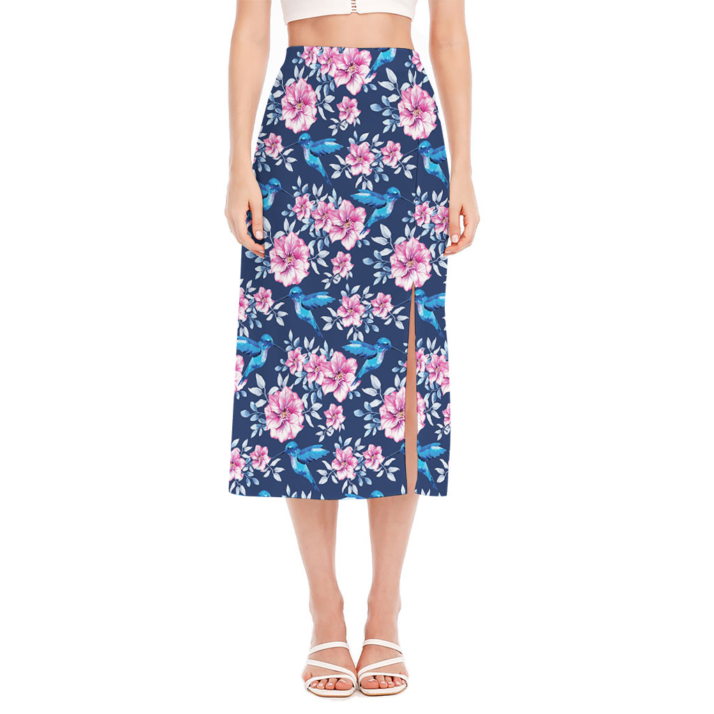Pink Flowers And Hummingbird Print Side Slit Midi Skirt